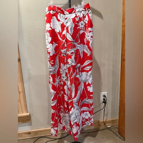 Elie Tahari Red Floral Wide Leg Pants NWT Silky Satin Flowy Palazzo Trousers - Picture 3 of 10